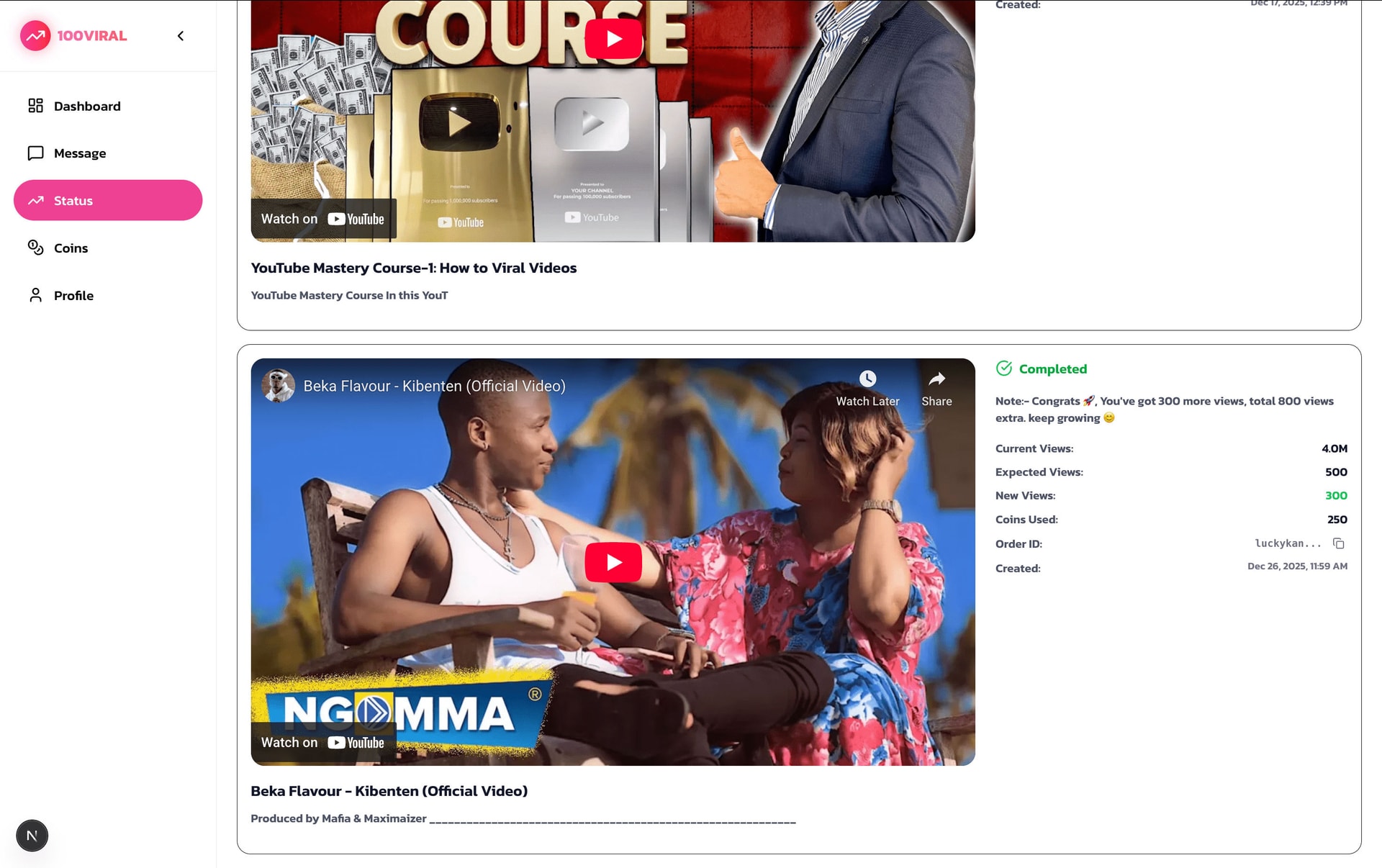 100Viral Status Page - Views Completed After 24 Hours