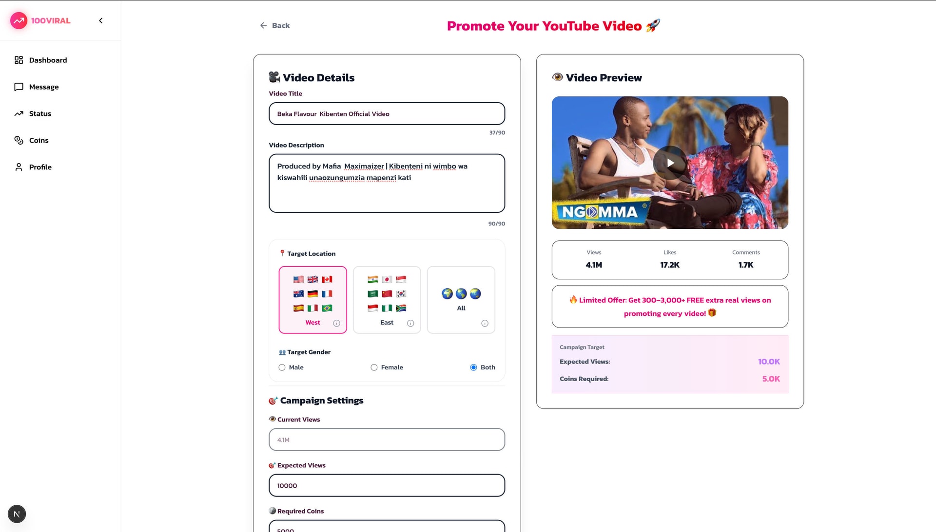 100Viral Boost Page - Coins and Views Filled
